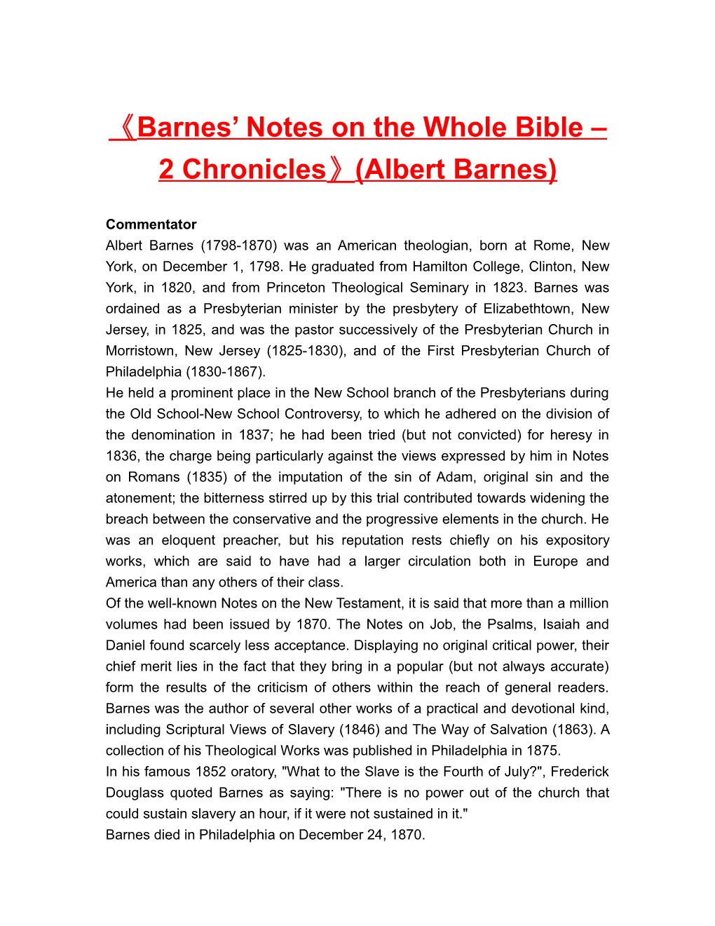 Barnes Notes on the Whole Bible 2 Chronicles (Albert Barnes)