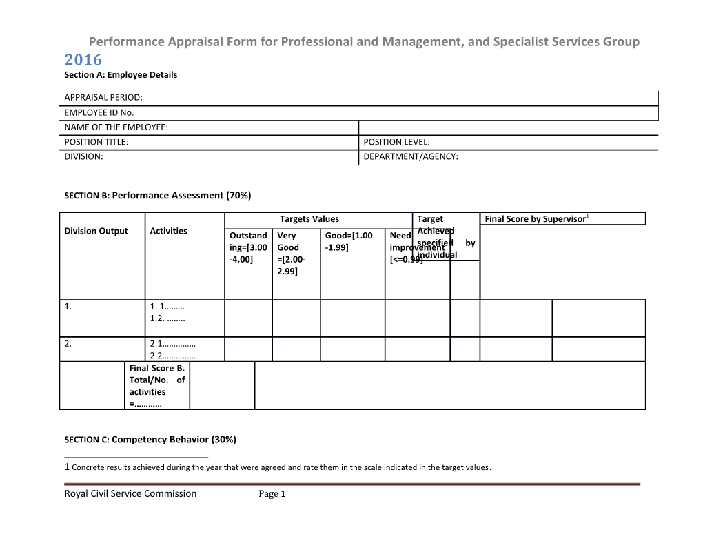 Performance Appraisal Form for Professional and Management, and Specialist Services Group