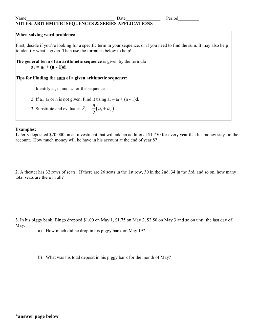 WORKSHEET: Arithmetic Sequence & Series Word Problems