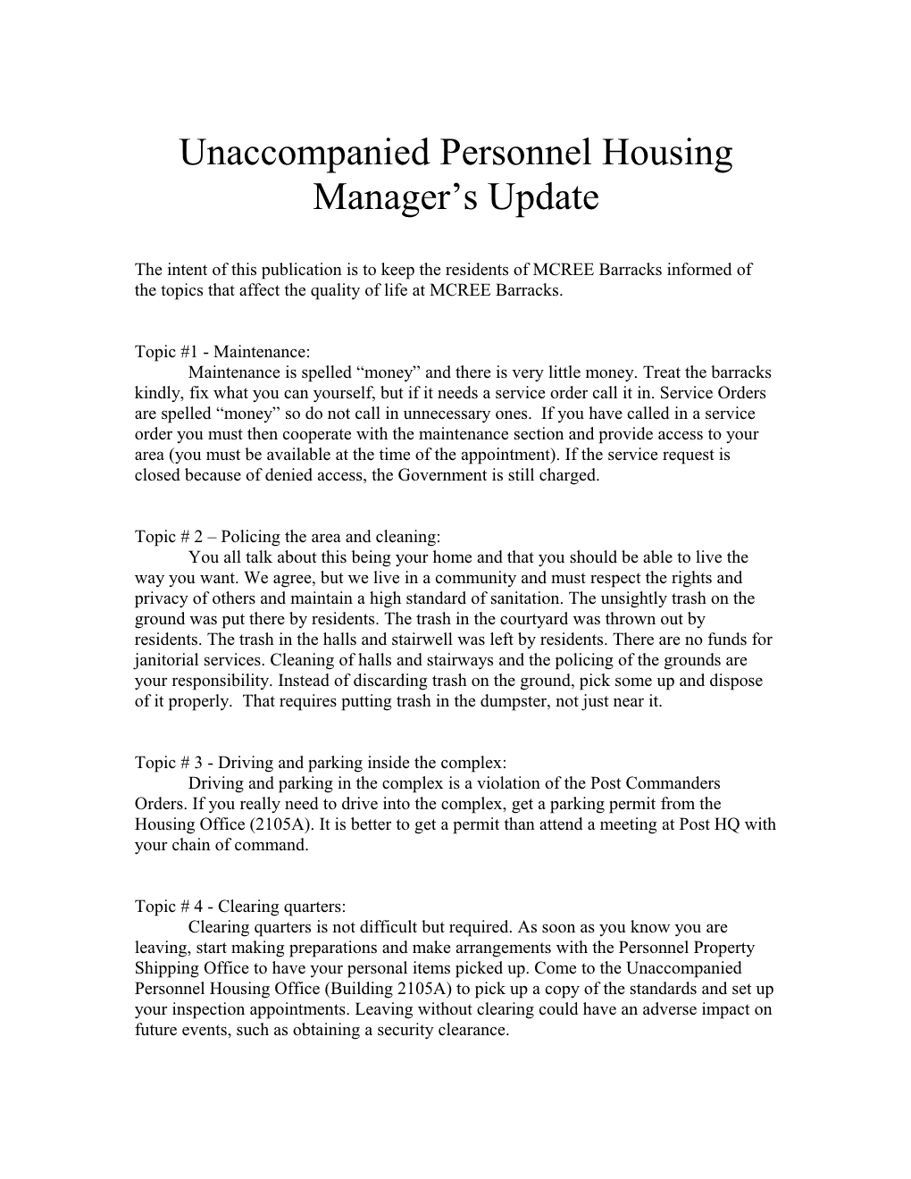 Unaccompanied Personnel Housing Manager S Update