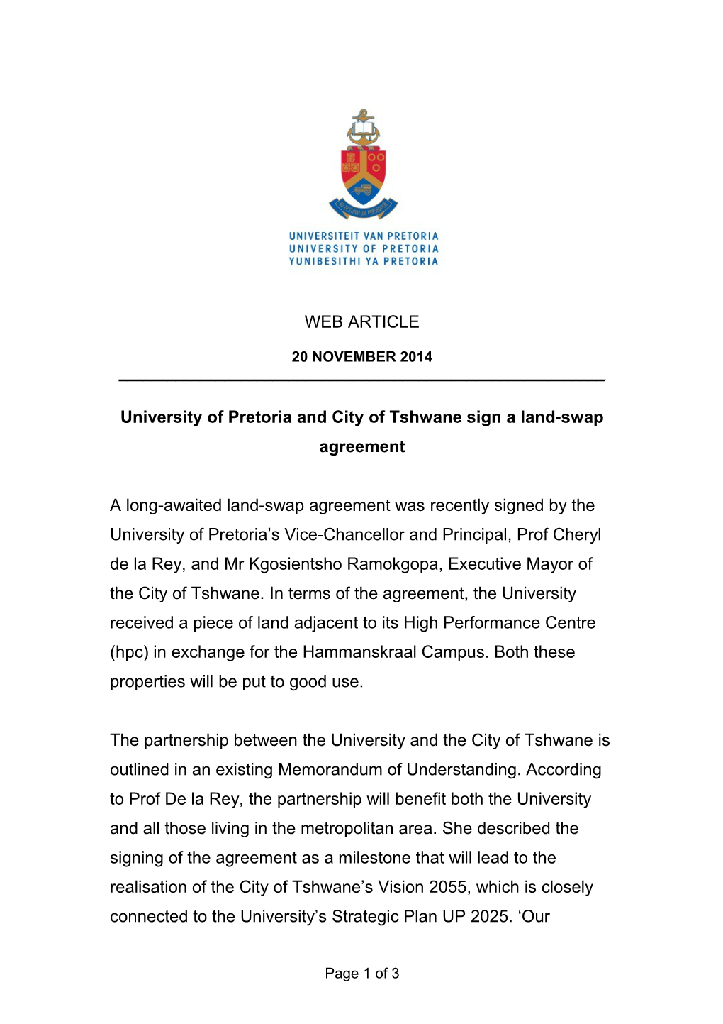 University of Pretoria and City of Tshwane Sign a Land-Swap Agreement