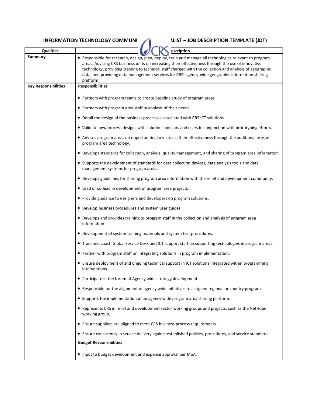 Information Technology Communication Specialist Job Description Template (Jdt)