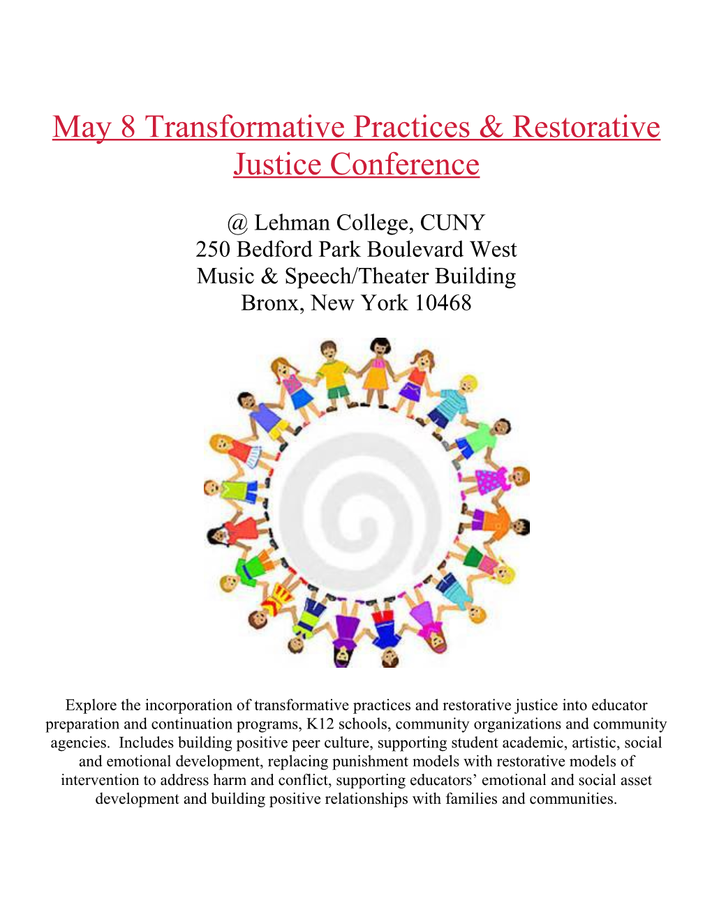 May 8 Transformative Practices Restorative Justice Conference