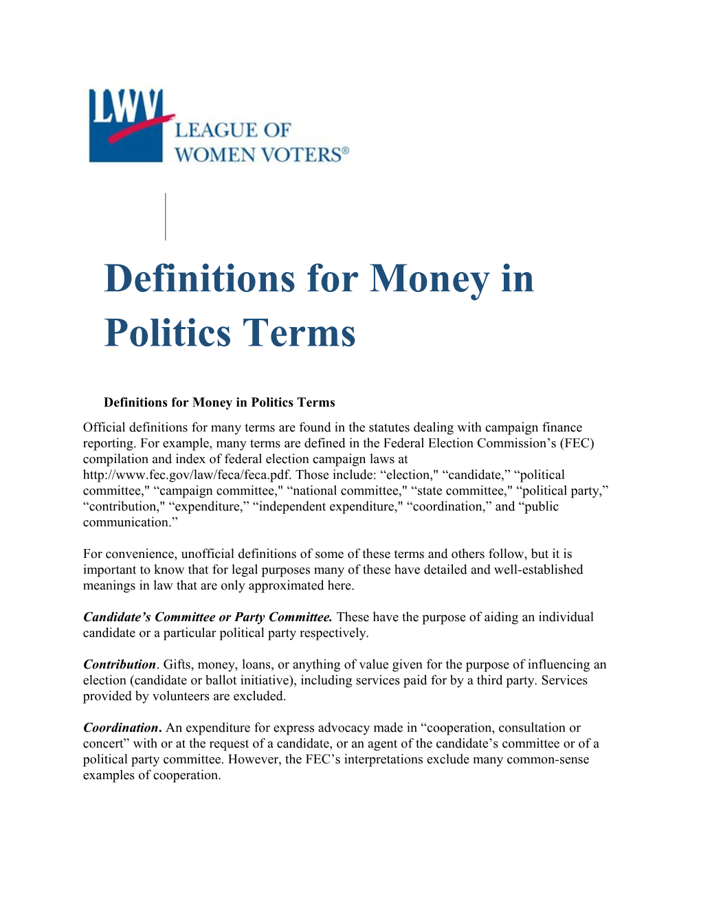 Definitions for Money in Politics Terms