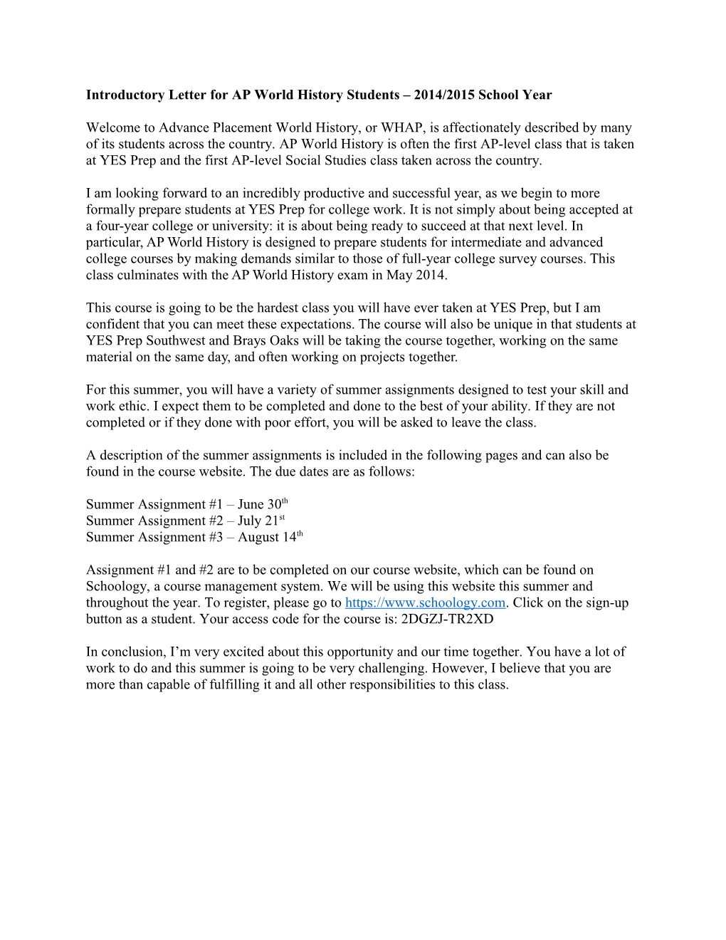 Introductory Letter for AP World History Students 2014/2015 School Year