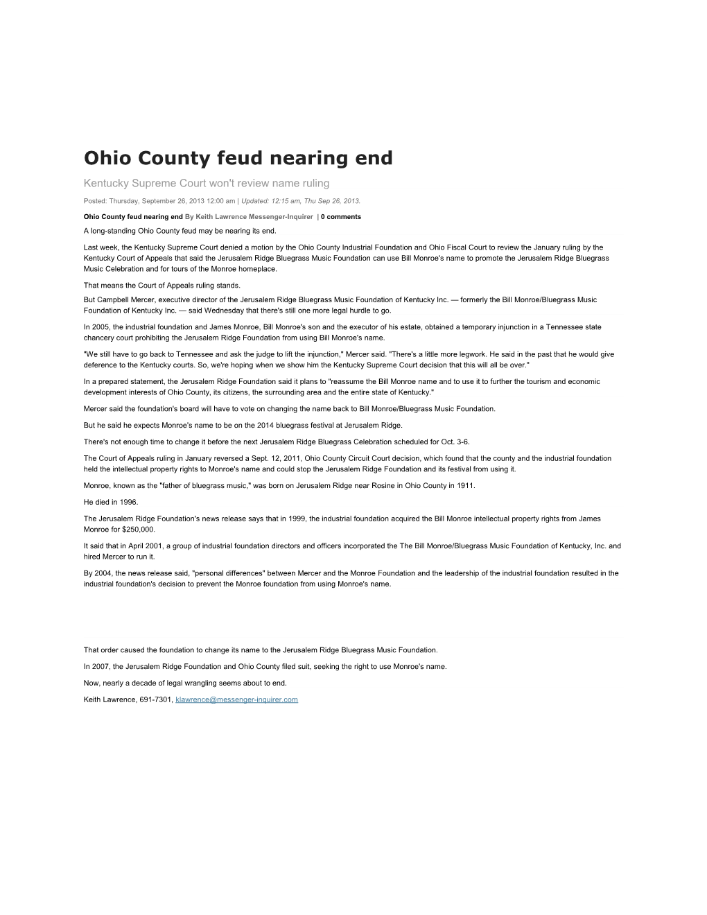 Ohio County Feud Nearing End