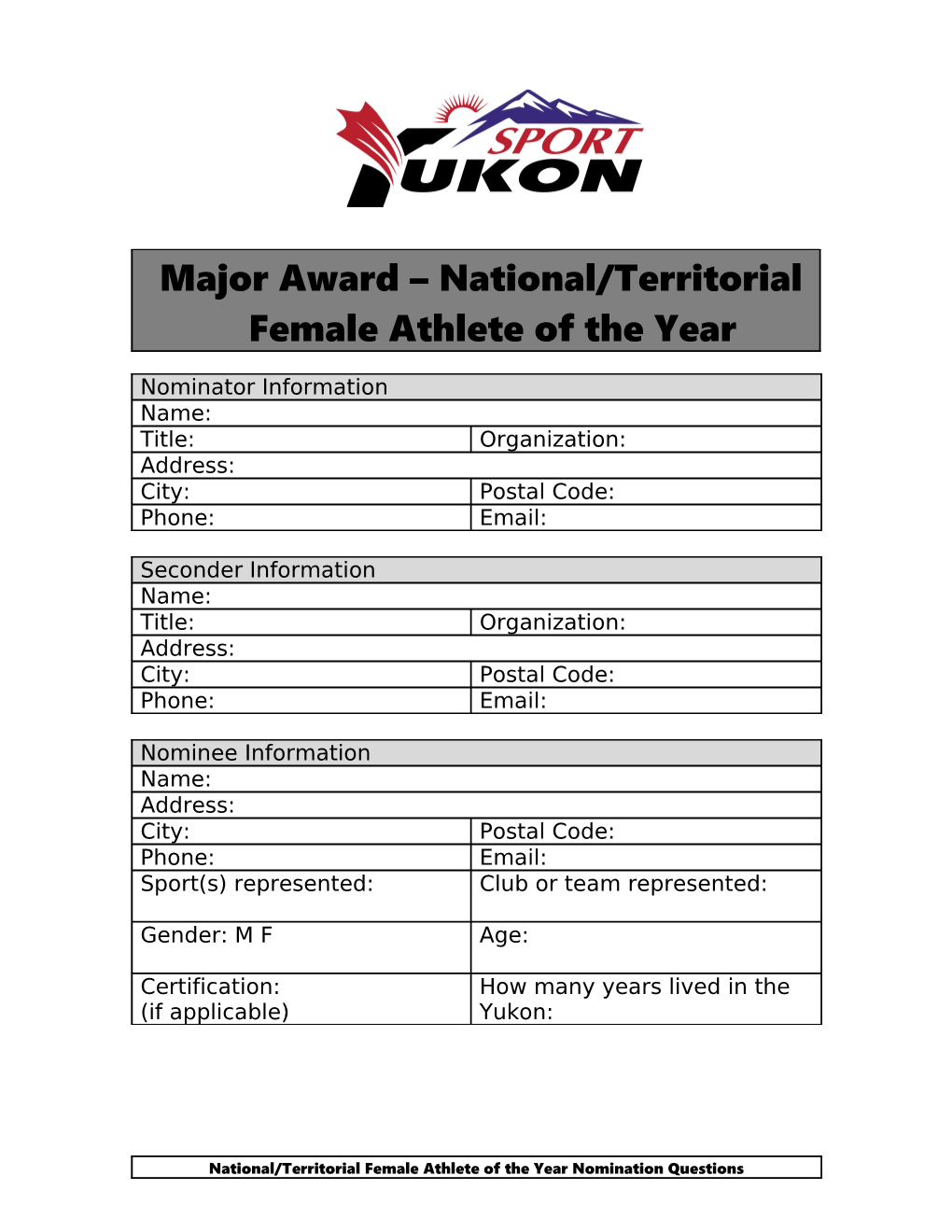 Major Award National/Territorial Female Athlete of the Year