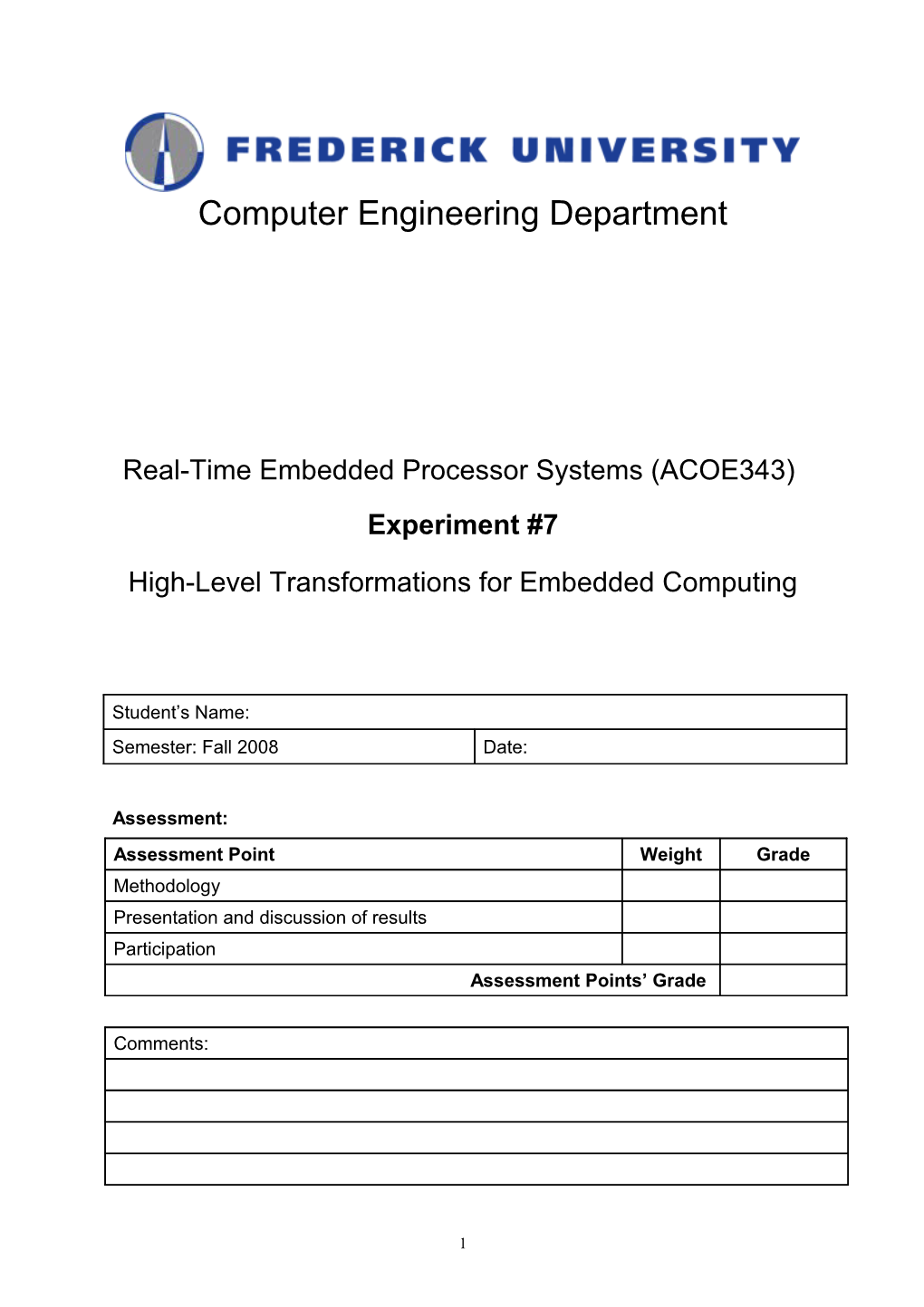 Real-Time Embedded Processor Systems ACOE343 Experiment #7