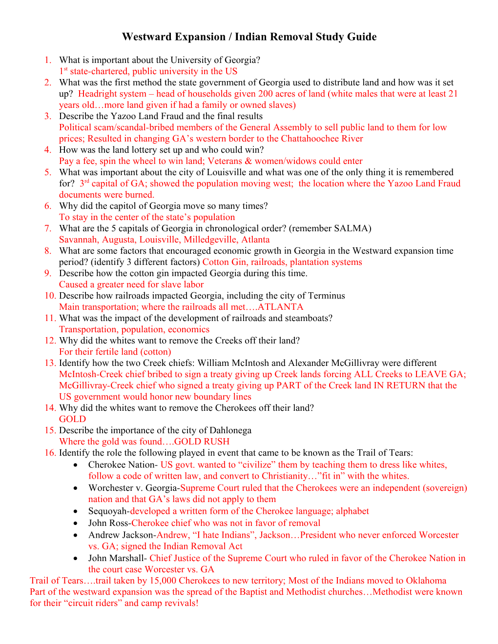 Westward Expansion / Indian Removal Study Guide