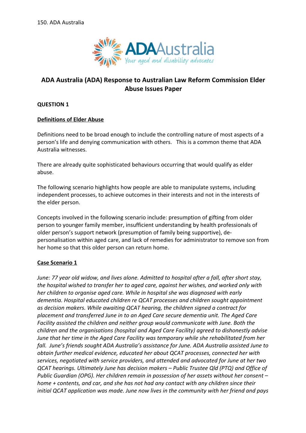 ADA Australia (ADA) Response to Australian Law Reform Commission Elder Abuse Issues Paper