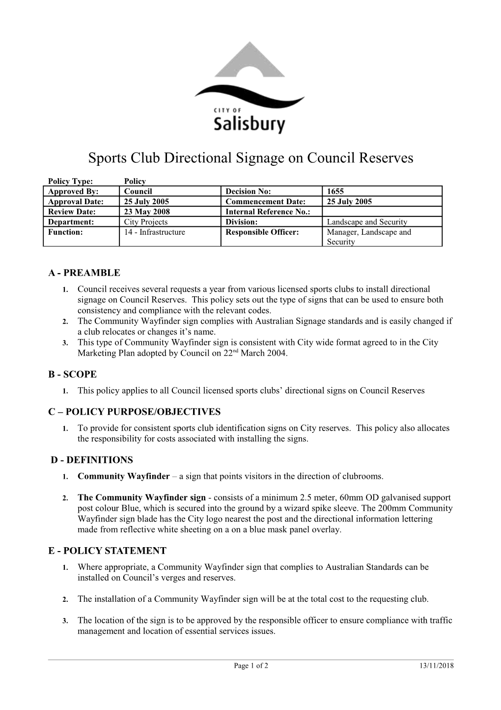 Sports Club Directional Signage on Council Reserves
