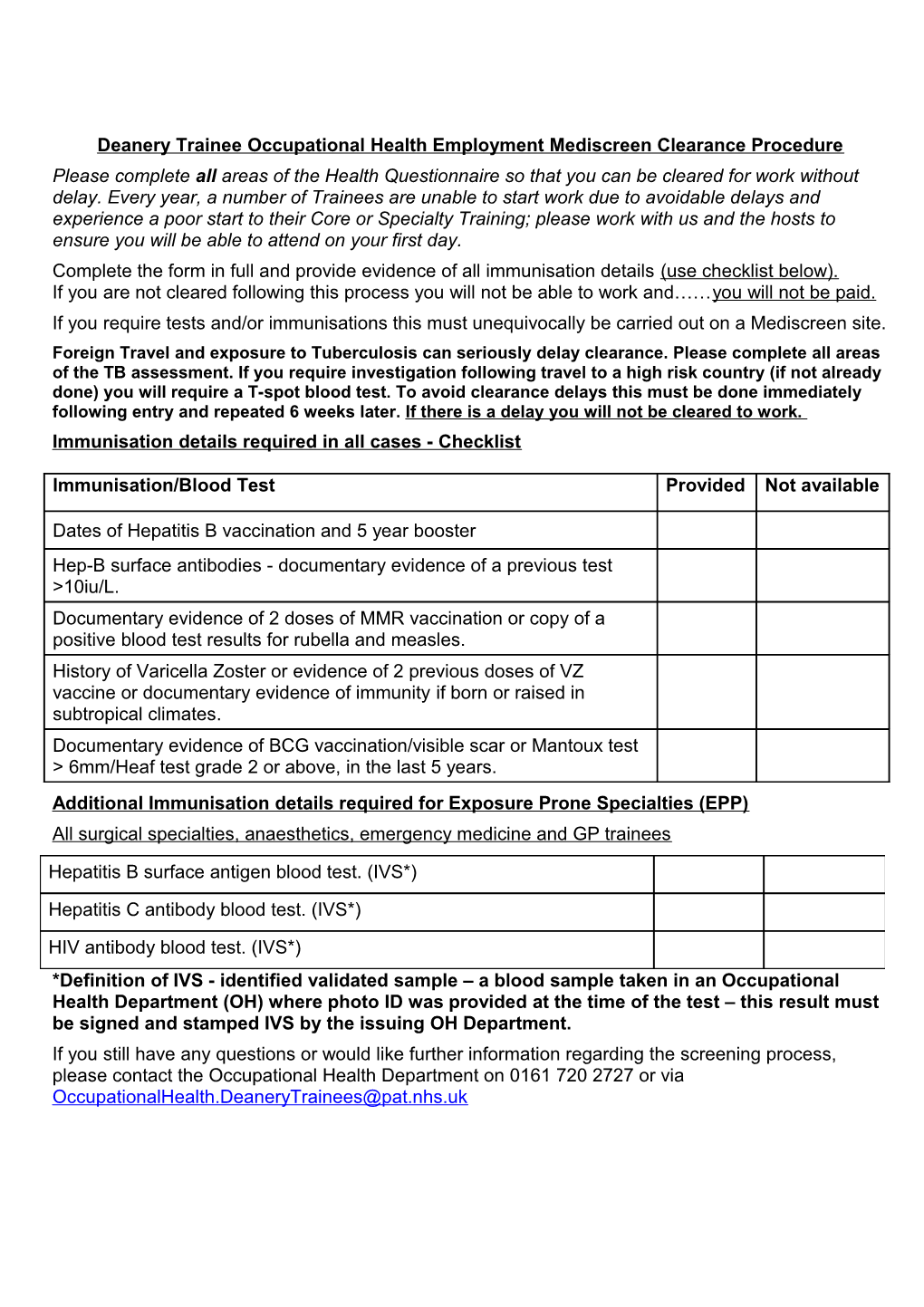 Deanery Trainee Occupational Health Employment Mediscreen Clearance Procedure