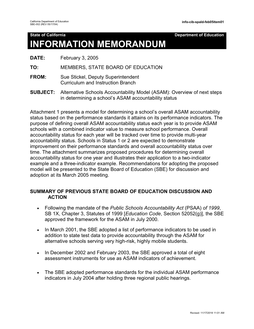 February 2005 SPALD Item 1 - Information Memorandum (CA State Board of Education)