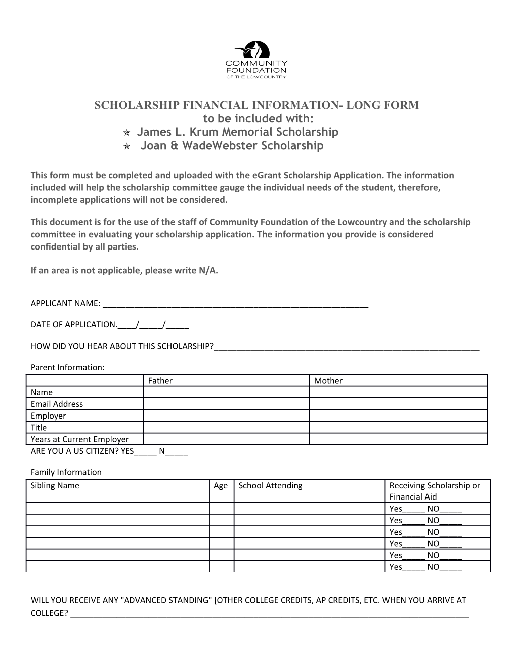 Scholarship Financial Information- Long Form