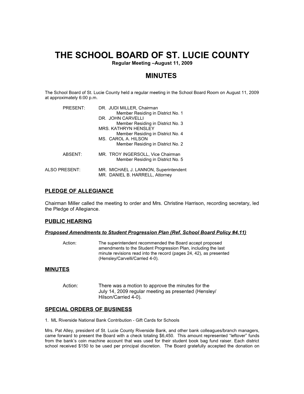 08-11-09 SLCSB Regular Meeting Minutes