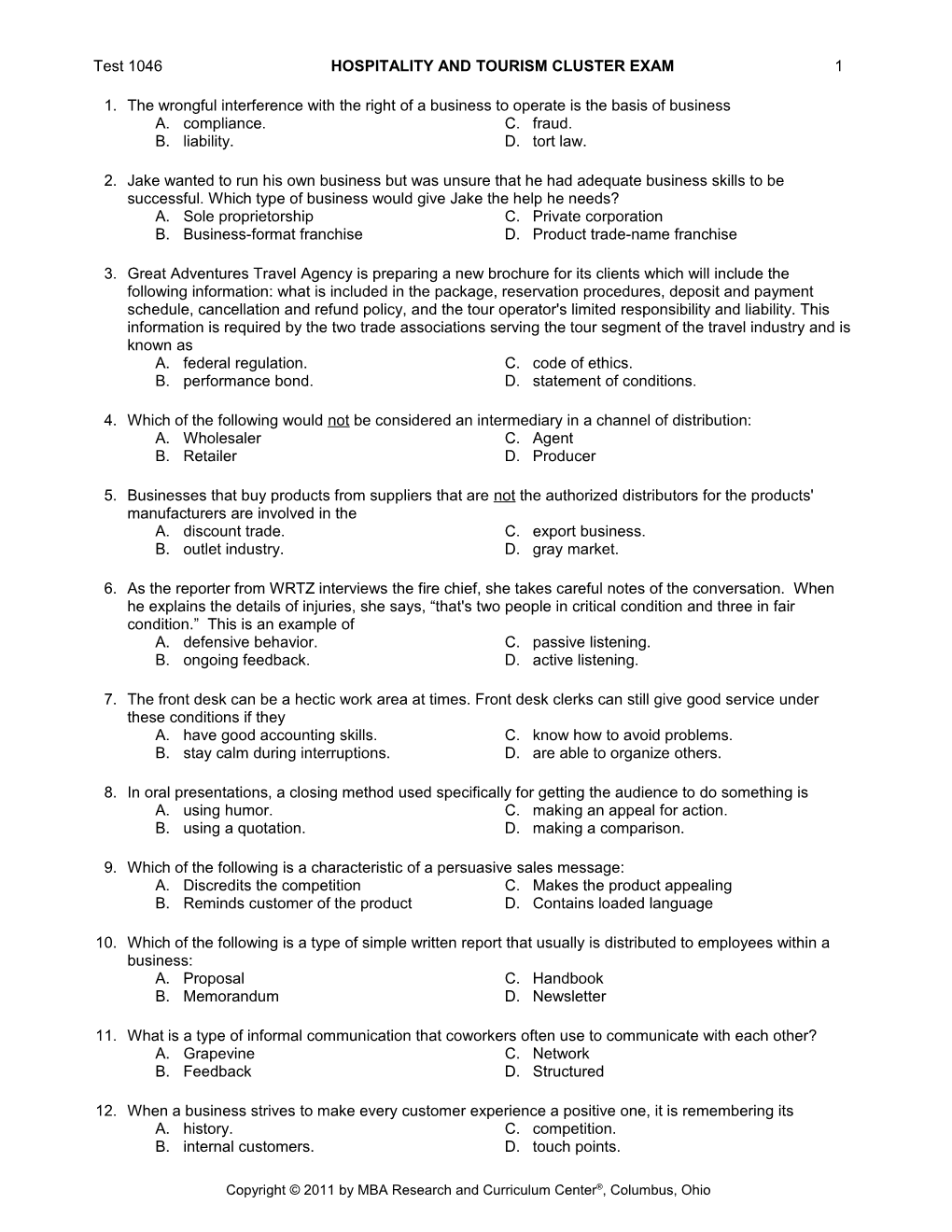 Test 1046 HOSPITALITY and TOURISM CLUSTER EXAM 1