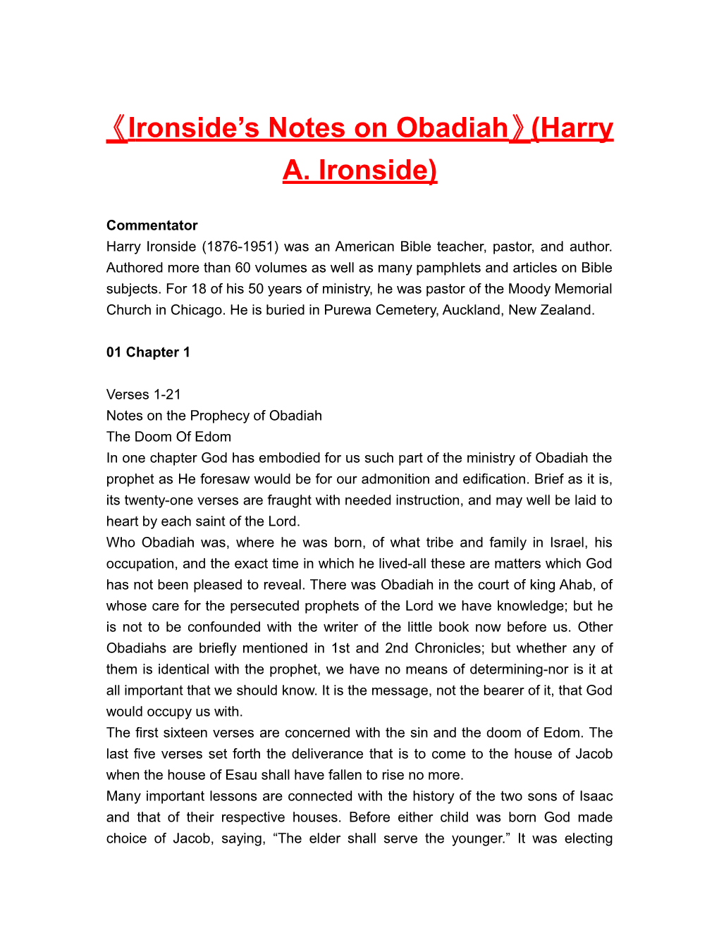 Ironside S Notes on Obadiah (Harry A. Ironside)