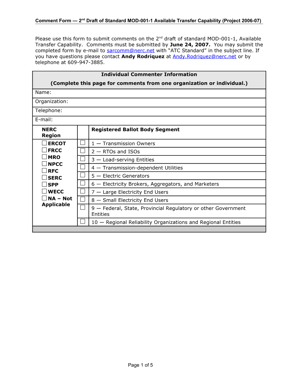 Comment Form 2Nddraft of Standard MOD-001-1 Available Transfer Capability (Project 2006-07)