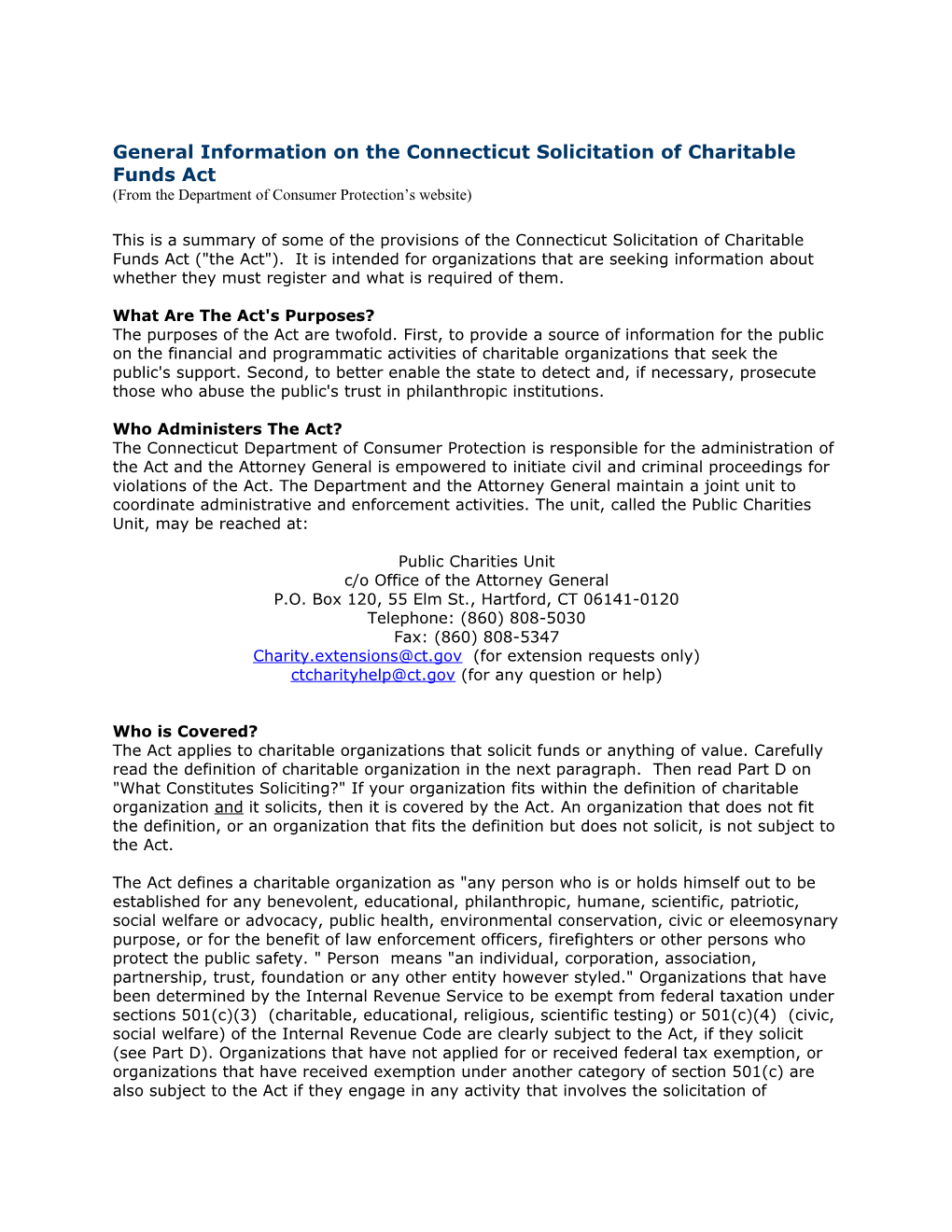 General Information on the Connecticut Solicitation of Charitable Funds Act