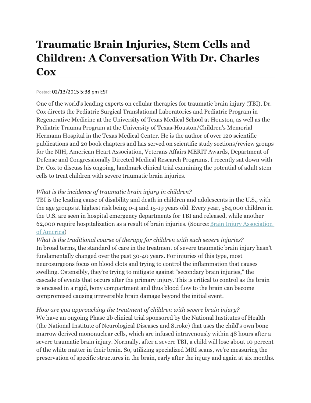 Traumatic Brain Injuries, Stem Cells and Children: a Conversation with Dr. Charles Cox