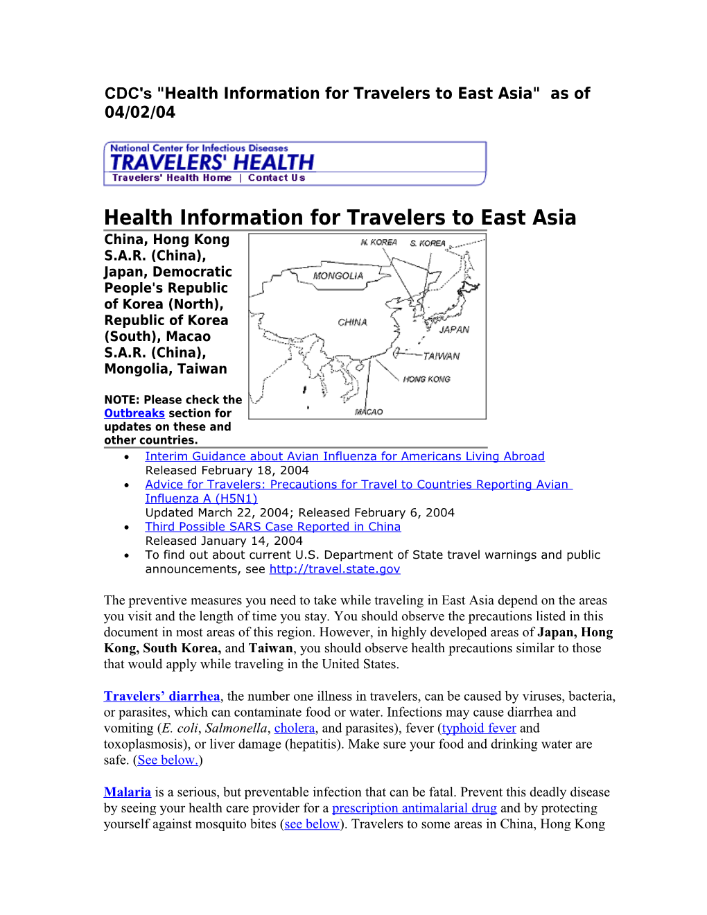 CDC's Health Information for Travelers to East Asia