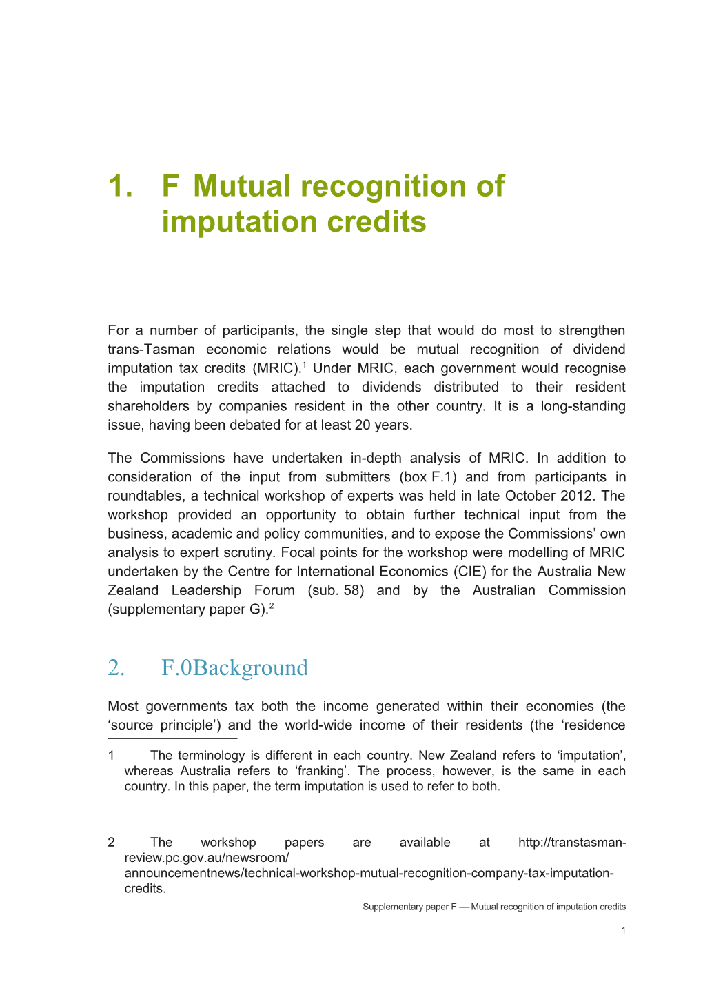 Fmutual Recognition of Imputation Credits