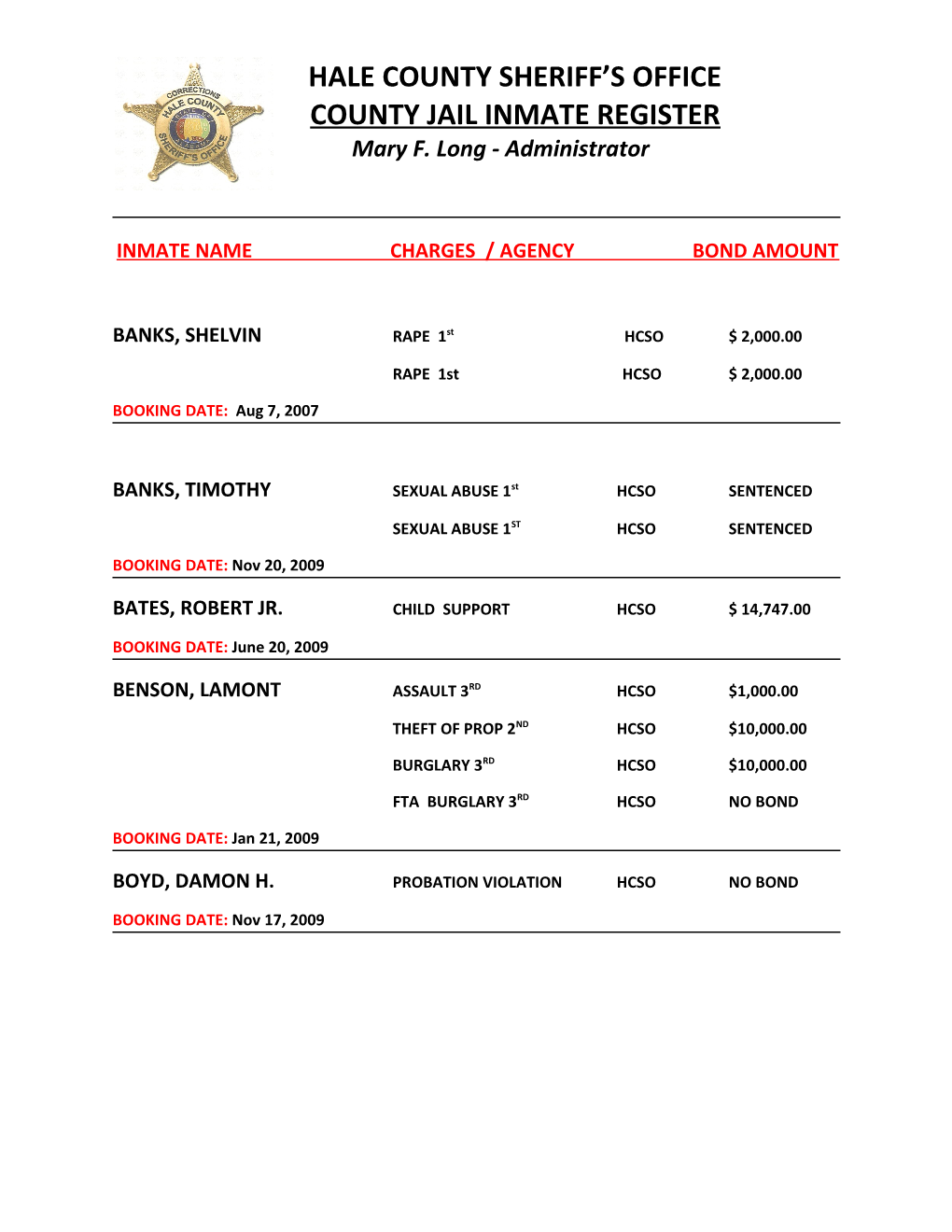 County Jail Inmate Register