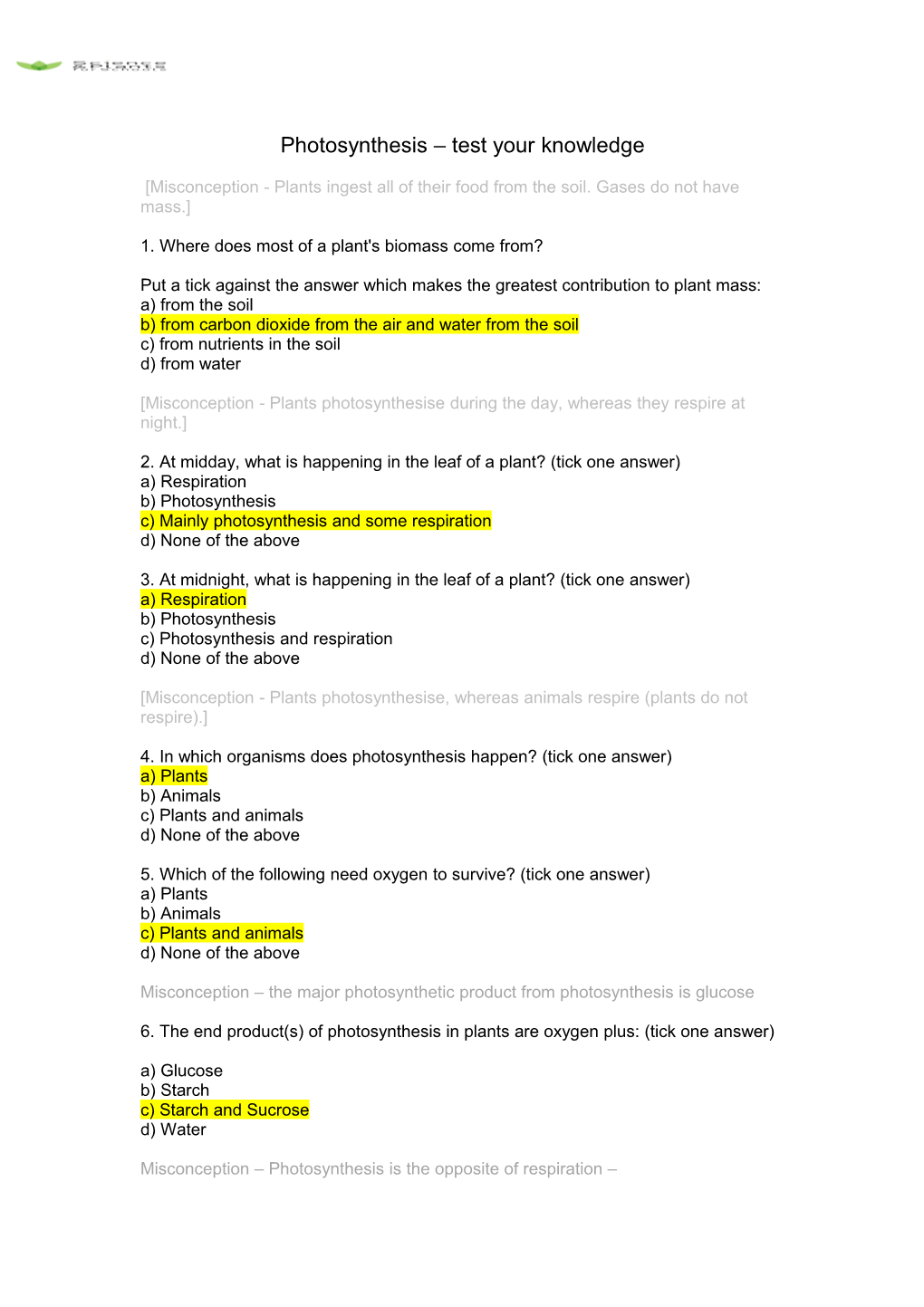 Photosynthesis Test Your Knowledge