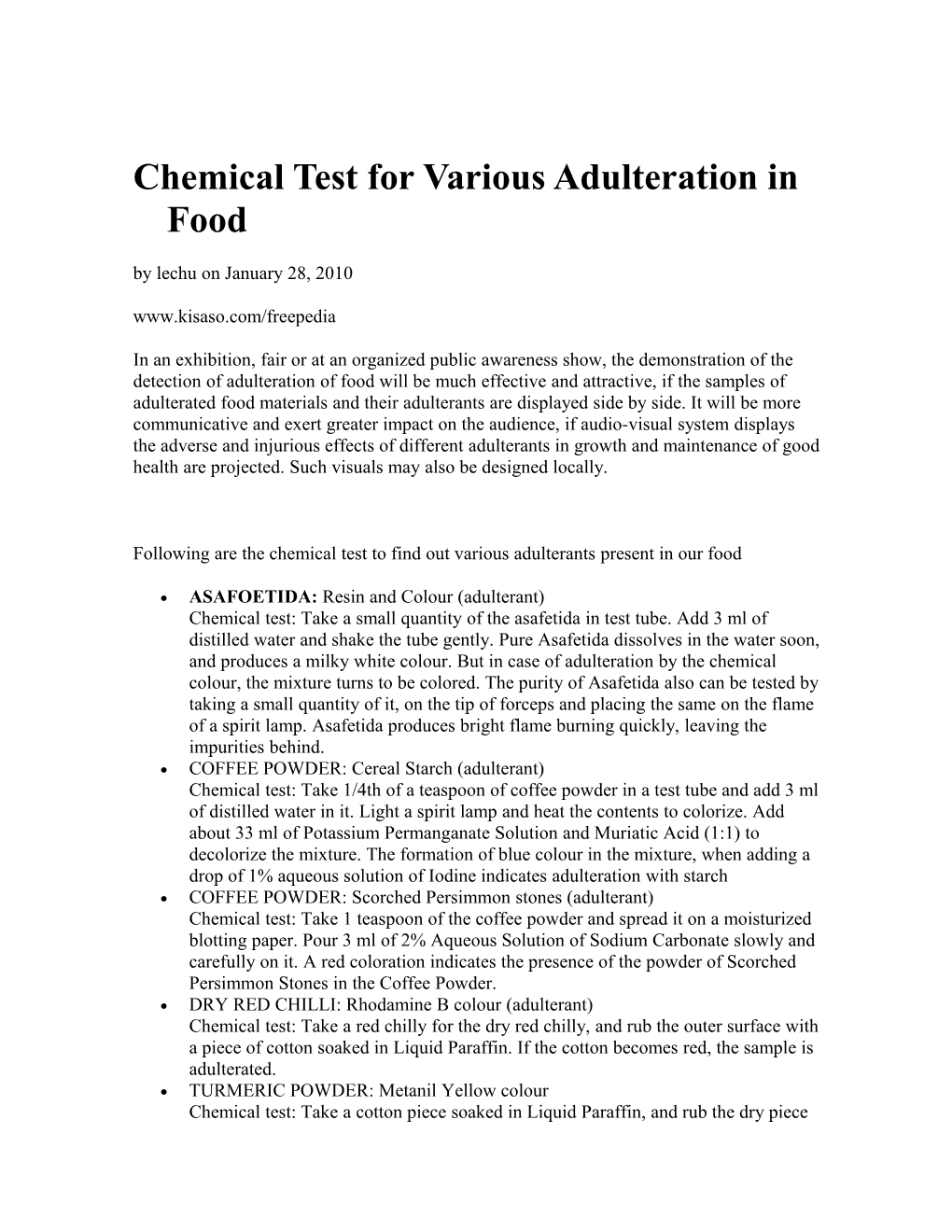 Chemical Test for Various Adulteration in Food