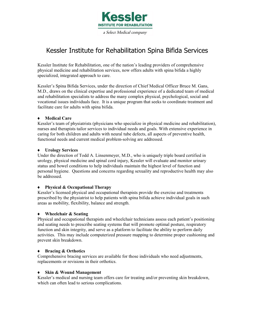 Kessler Institute for Rehabilitation Spina Bifida Services