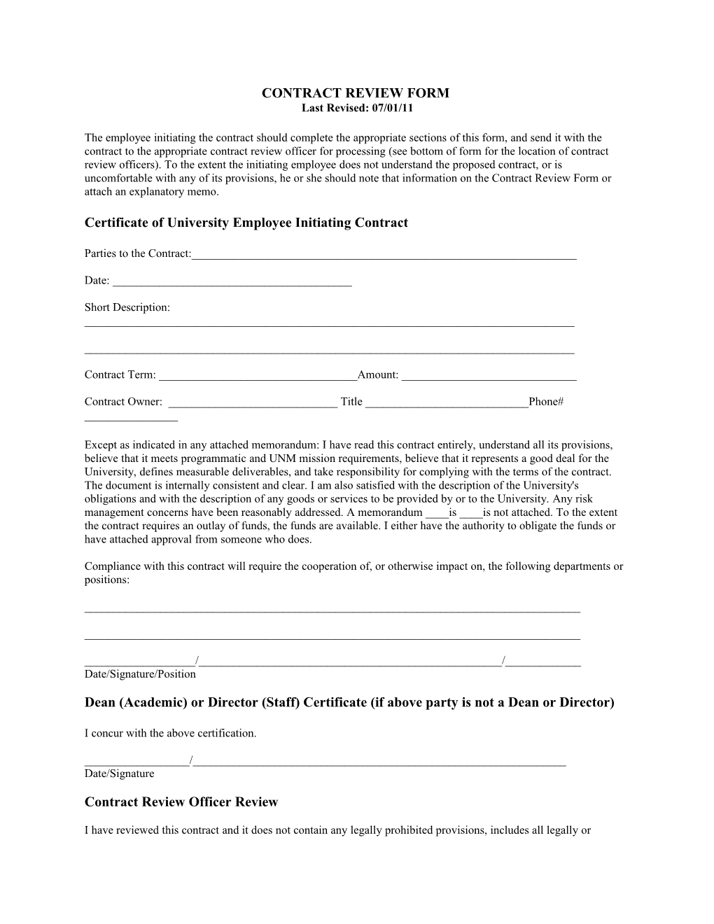 CONTRACT REVIEW FORM Last Revised: 07/01/11