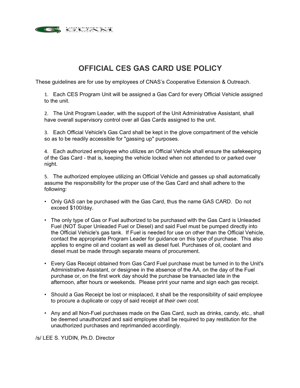 Official Ces Gas Card Use Policy