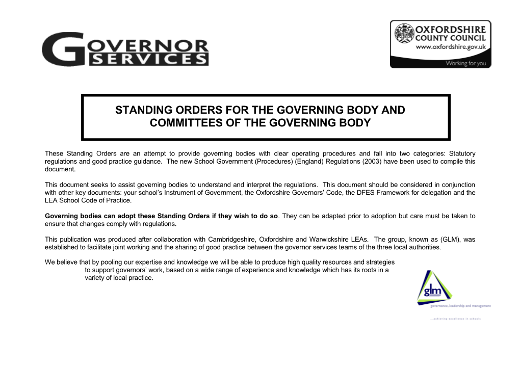 Standing Orders for the Governing Body And