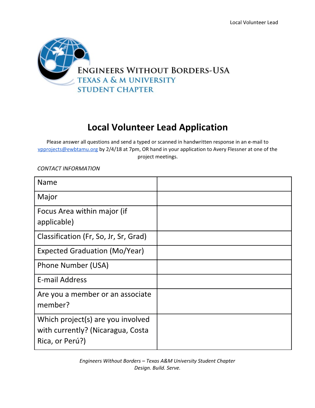 Local Volunteer Lead Application