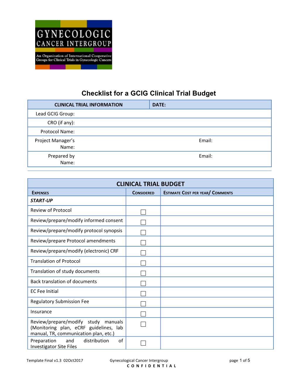Checklist for a GCIG Clinical Trial Budget