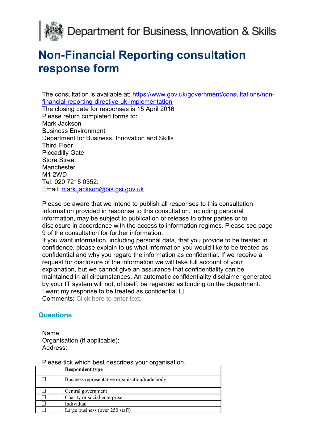Non-Financial Reporting Consultation Response Form