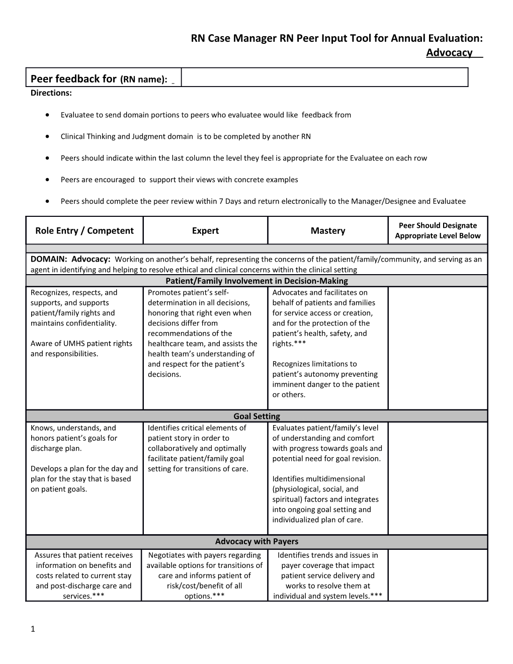 RN Case Managerrn Peer Input Tool for Annual Evaluation: Advocacy
