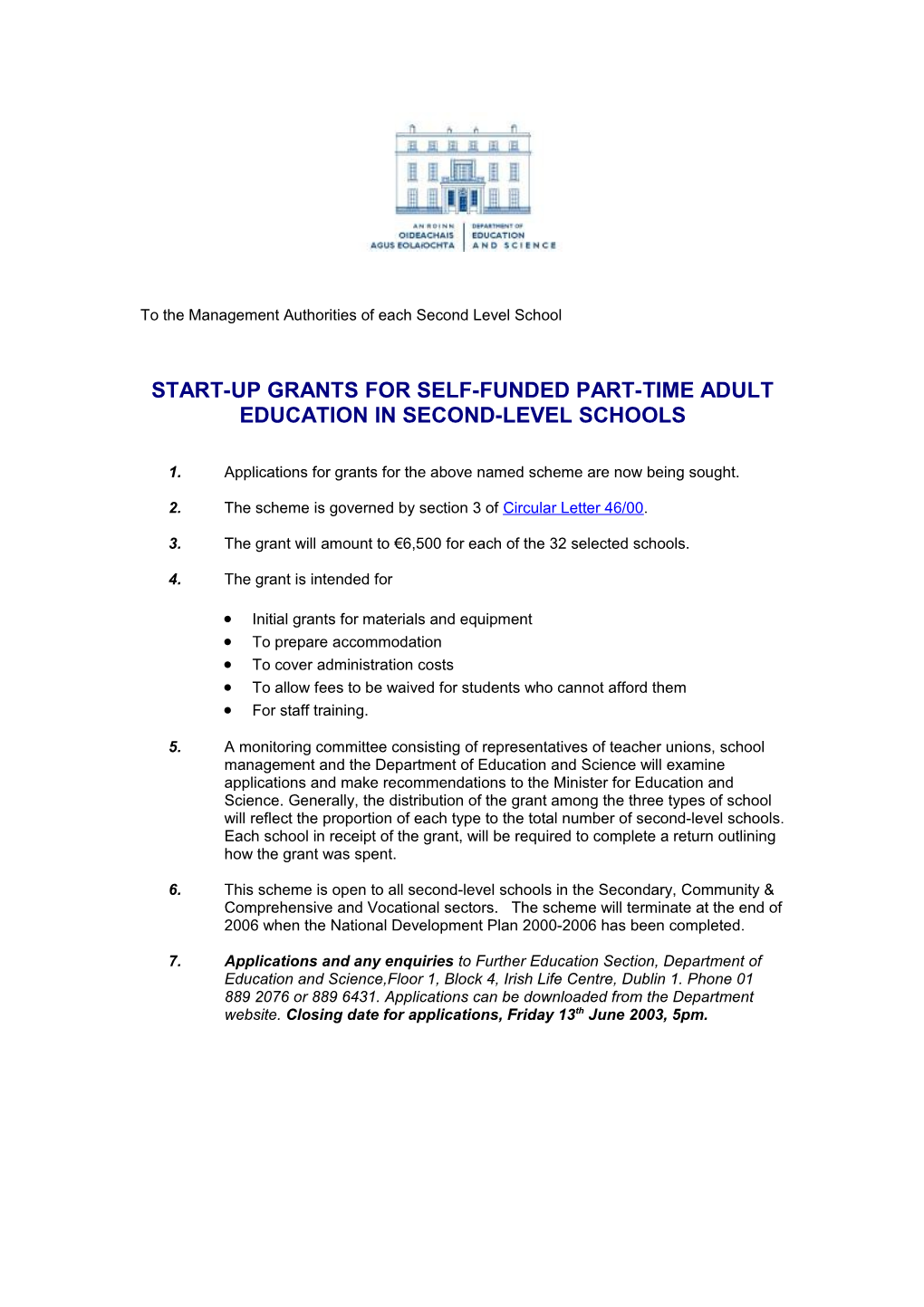 Start-Up Grants for Self-Funded Part-Time Adult Education in Second-Level Schools (File