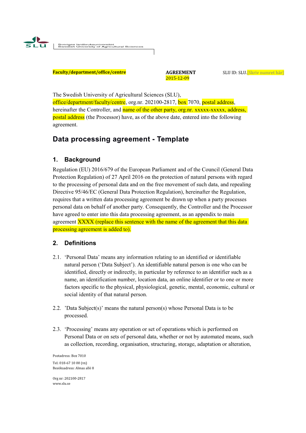 Data Processing Agreement - Template