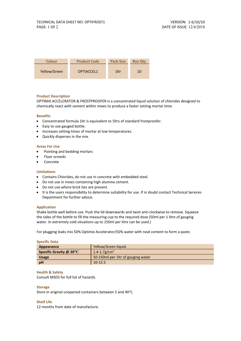 Technical Data Sheet No: Optifrost1version: 1-6/10/10