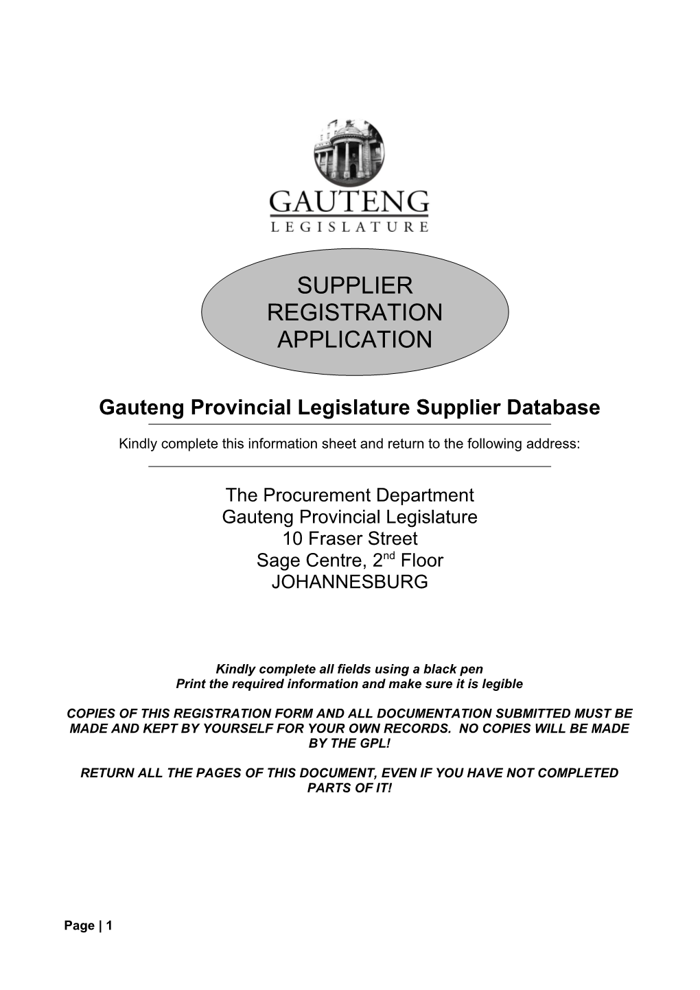Gauteng Provincial Legislature Supplier Database