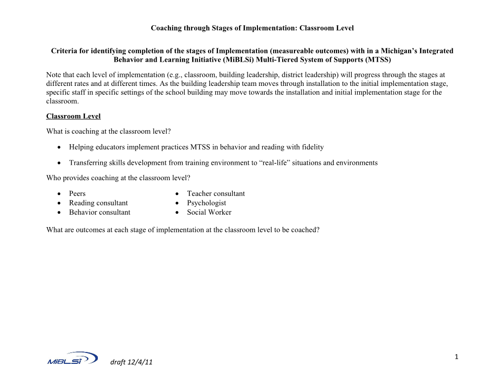 Coaching Through Stages of Implementation: Classroom Level