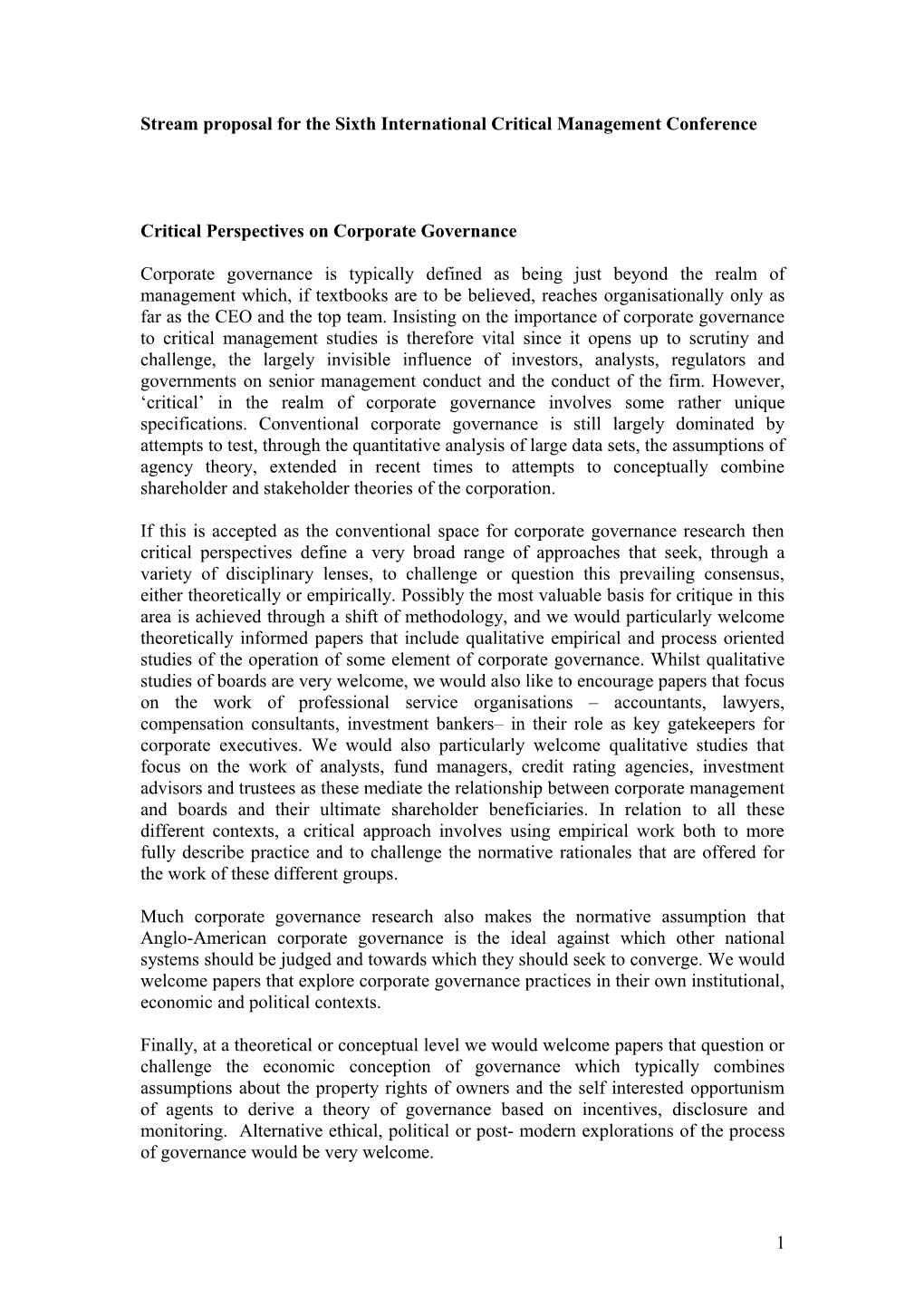Critical Perspectives on Corporate Governance