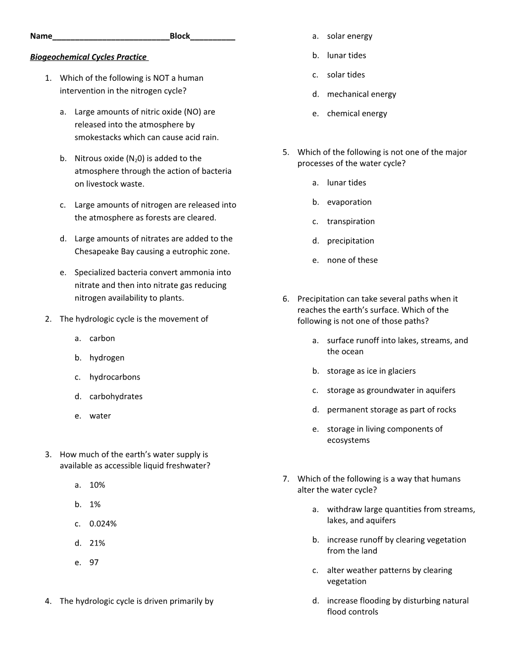 Biogeochemical Cycles Practice