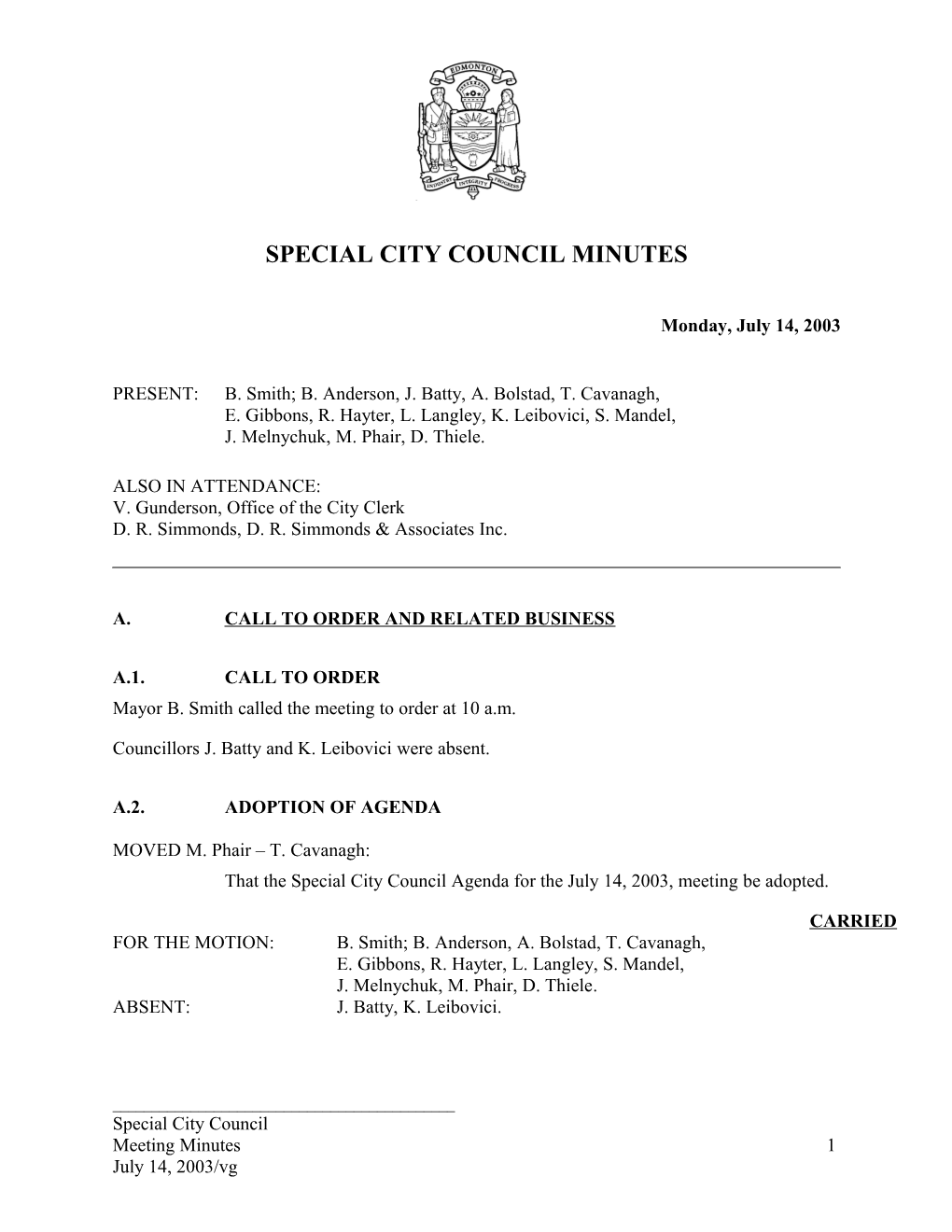 Minutes for City Council July 14, 2003 Meeting