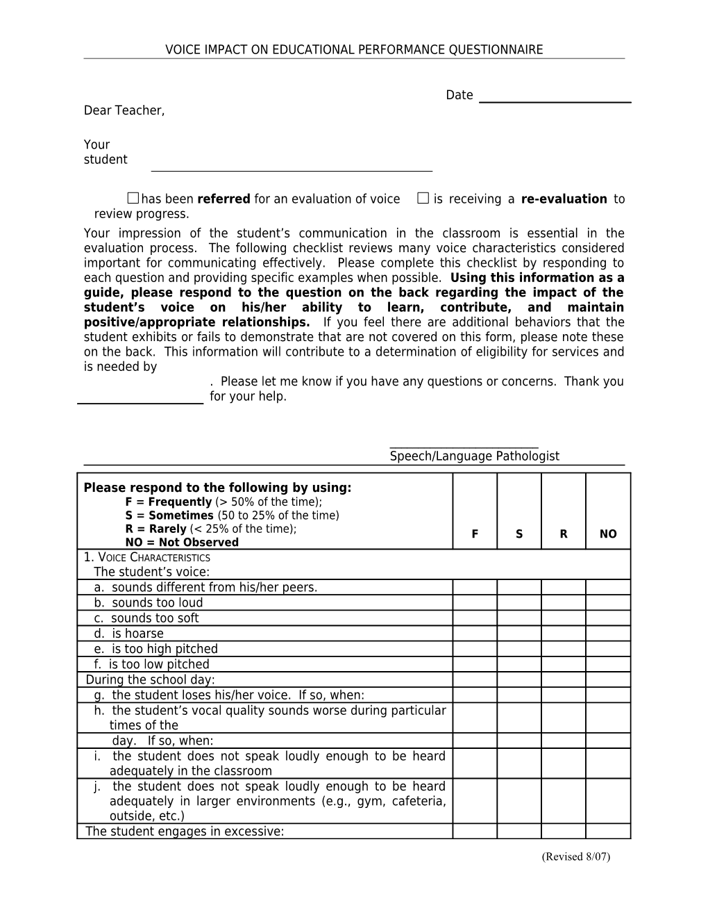 Articulation Impact on Educational Performance Questionnaire