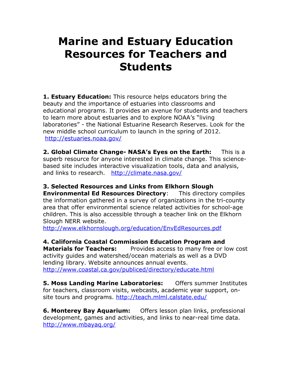 Marine Education Resources for Teachers: List in Progress