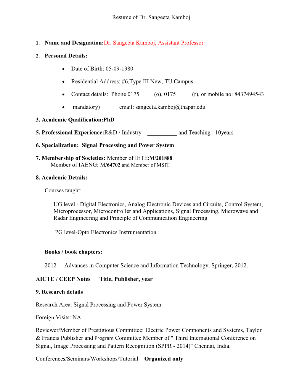 Resume of Dr. Sangeetakamboj