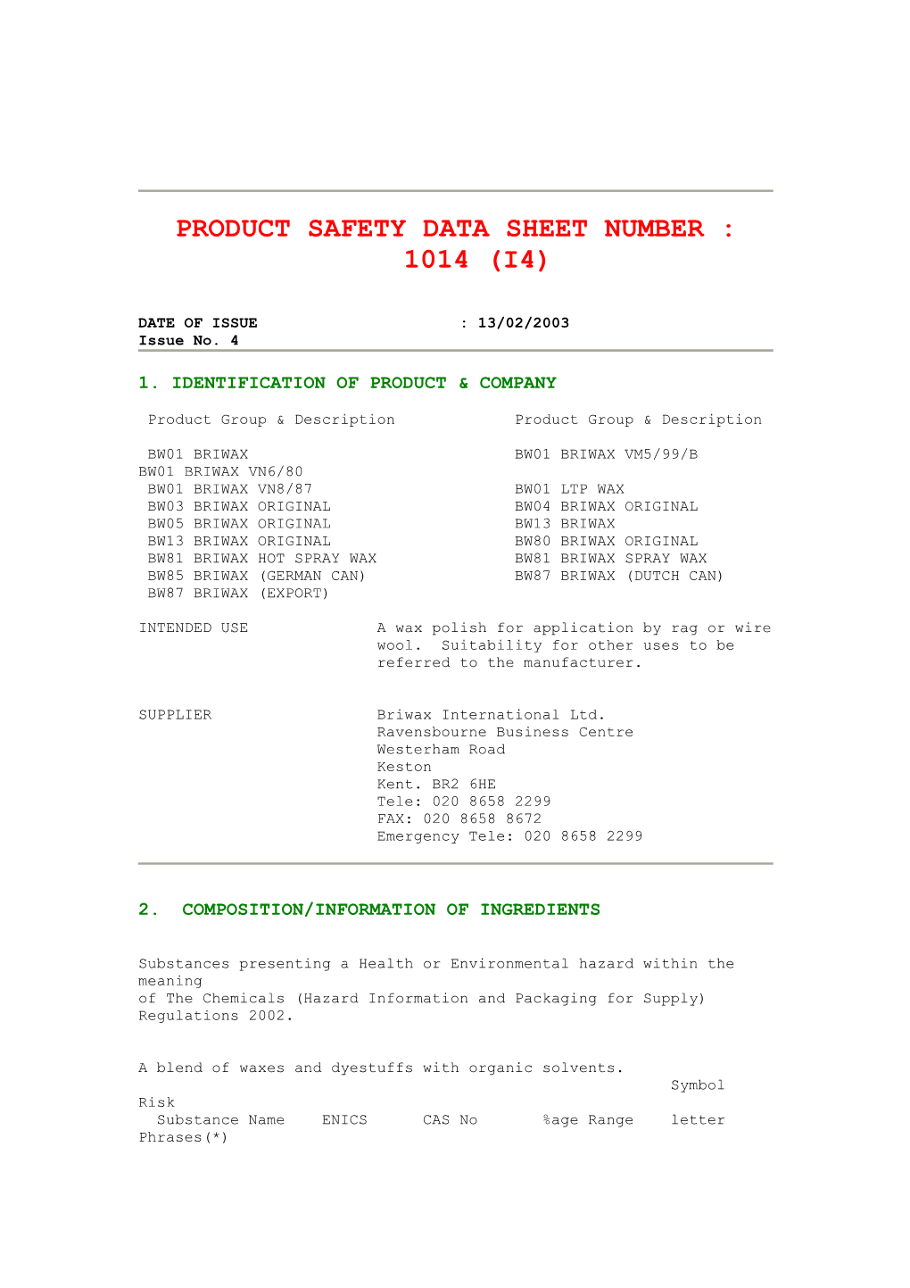 Product Safety Data Sheet Number : 1014 (I4)