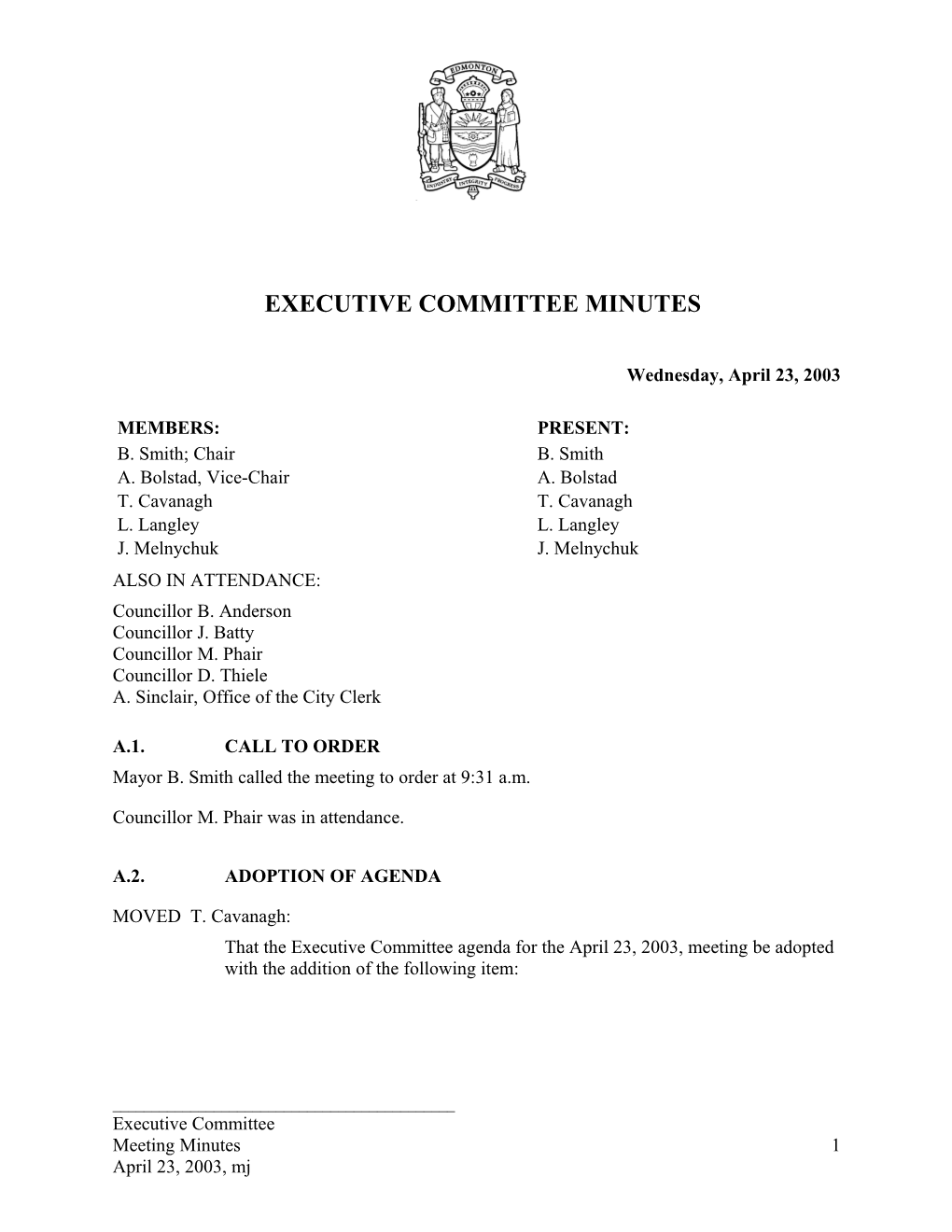 Minutes for Executive Committee April 23, 2003 Meeting